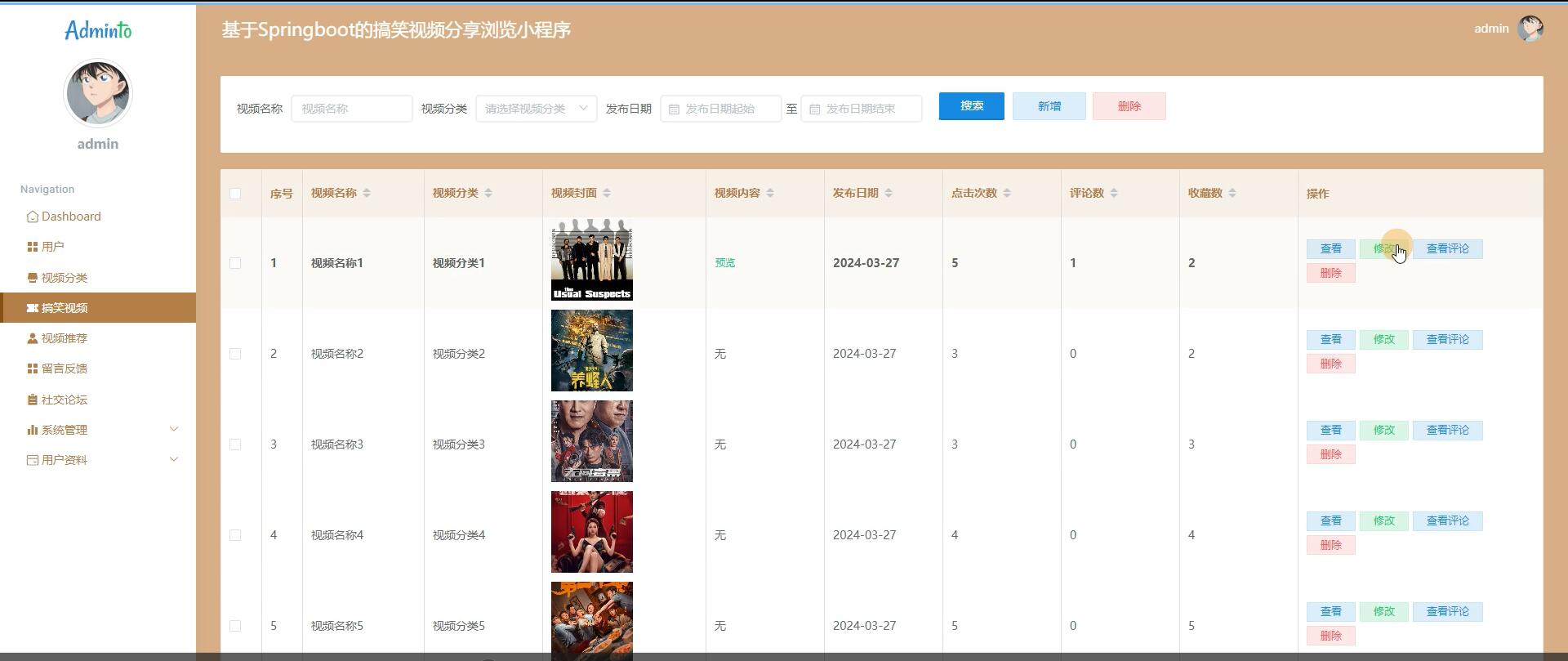 基于springboot的搞笑视频分享浏览小程序[spring]—计算机毕业设计源码+文档